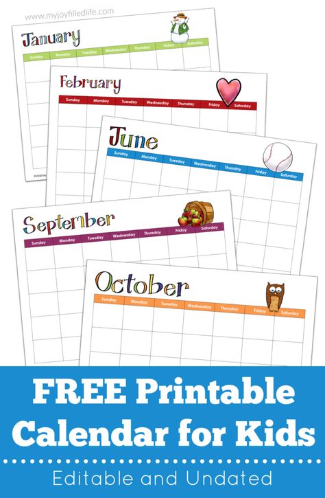 This free printable calendar for kids is editable and undated so you can use it year after year.  #freeprintable #calendar #printablecalendar Fun Calendar, Editable Monthly Calendar, Kindergarten Calendar, Homeschool Electives, Preschool Calendar, Blank Calendar Pages, Calendar Worksheets, Free Printable Calendars, Phonics Chart