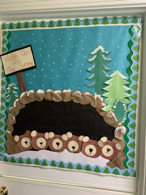 Winter Forest Bulletin Boards, Winter Boards For Preschool Classroom, Bear Cave Bulletin Board, January Bulletin Board Ideas Toddlers, Winter Preschool Bulletin Board Ideas, Hibernation Bulletin Board, Winter Bulletin Boards For Preschool January Classroom Door, Winter Animals Bulletin Board Ideas, Winter Animal Bulletin Board Ideas