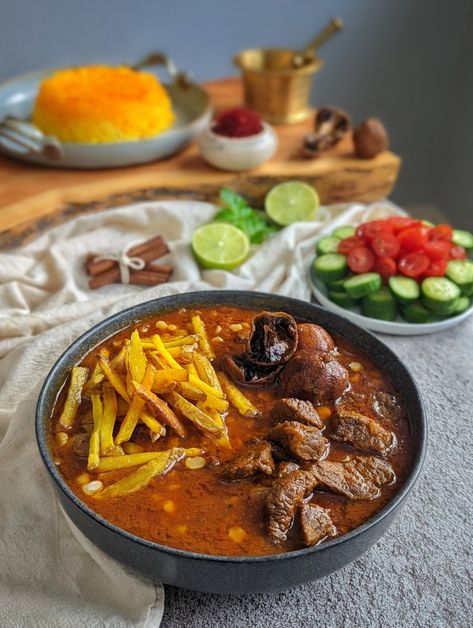 Persian Beef Stew, Persian Beef, Eggplant Lentil, Chaldean Recipe, Persian Stew, Persian Food Iranian Cuisine, Yellow Split Pea, Iranian Dishes, Persian Recipes