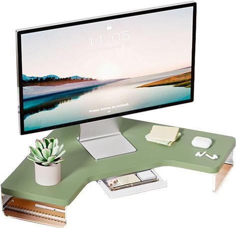 Amazon.com: ROYUMI Corner Monitor Stand Clear Acrylic Leg ＆ Wood Corner Screen Stand, L-Shape Desk Triangle Riser for Monitor/Laptop/Computer, Corner Organizer with Drawer (Color : Green) : Electronics Corner Monitor Stand, Corner Organizer, Work Cubicle, L Shape Desk, Monitor Riser, Cubicle Decor, Desk Ideas, Acrylic Legs, Monitor Stand