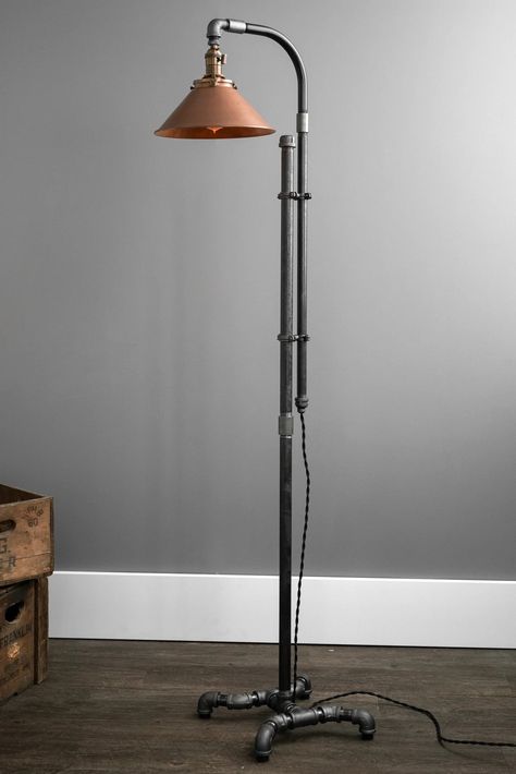 Steampunk Floor Lamp, Basement Shop, Pipe Floor Lamp, Pipe Lights, Copper Floor, Diy Floor Lamp, Floor Lamp Shade, Industrial Floor Lamp, Copper Floor Lamp