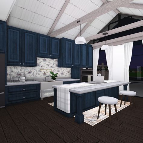 Navy Blue Vintage Bloxburg House With Custom Roof Pantry Ideas Bloxburg, Bloxburg Rp House, Aesthetic Kitchen Vintage, Bloxburg Curtains, Bloxburg Modern House Interior, Bloxburg Pantry Ideas, Bloxburg Vintage, Custom Bloxburg, Kitchen Ideas Cottage