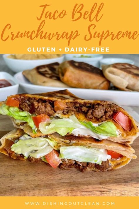 The cult favorite Crunchwrap Supreme gets a gluten-free and dairy-free makeover by Dishing Out Clean Crunch Wrap Supreme Recipe, Dairy Free Tacos, Taco Bell Crunchwrap Supreme, Dairy Free Queso, Taco Bell Crunchwrap, Crunchwrap Recipe, Free Weekly Meal Plan, Taco Bell Recipes, Gluten Free Tacos