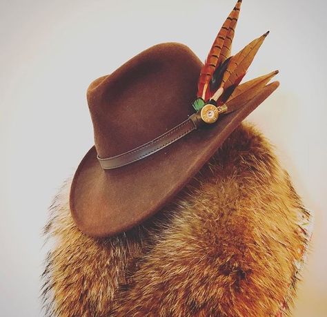 Cowboy Hat With Feather Tattoo, Cowboy Hat With Feather, Cowboys Hats, Yellowstone Ranch, Feather Accessories, Feather Bow Ties, Custom Made Hats, Grandpa Style, Cowgirl Bling