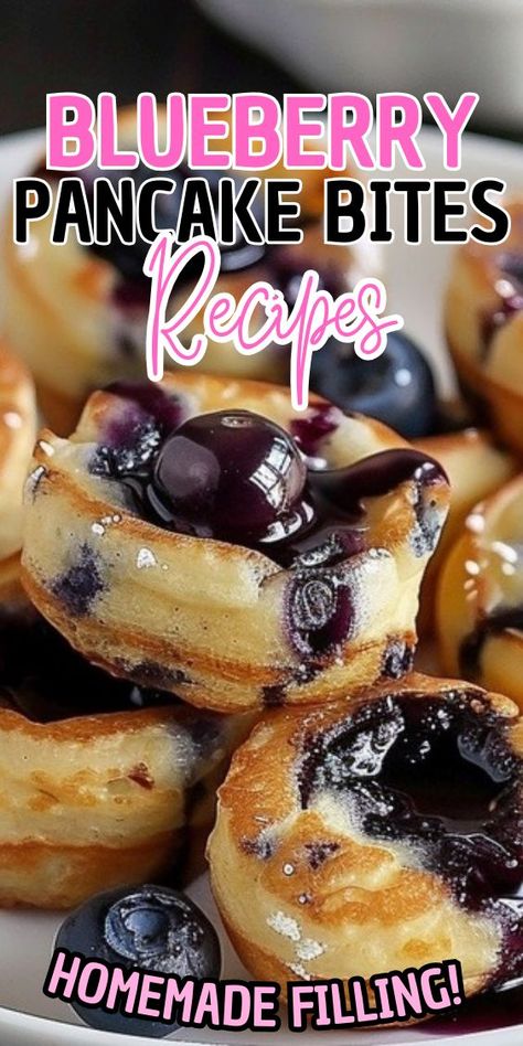 These Blueberry Pancake Bites are super simple and perfect for on the go breakfasts. A bite sized pancake bite loaded with blueberries (or whichever mix-in your prefer). Place them in a cup and send the kiddos off to school with a warm, easy and tasty breakfast. Since our French Toast Cups are such a hit with my kiddos. Also our Blueberry Pancake French Toast Casserole is so super tasty. I knew these Pancake Bites were sure to please. Blueberry Pancake Mix Recipes, Pancake Pudding With Blueberries, Berry Pancake Bites, Blueberry Cheesecake Pancakes, Air Fryer Pancake Bites, Blueberry Bites Recipe, Blueberry Fritter, Pancakes Bites, Blueberry Pancake Muffins