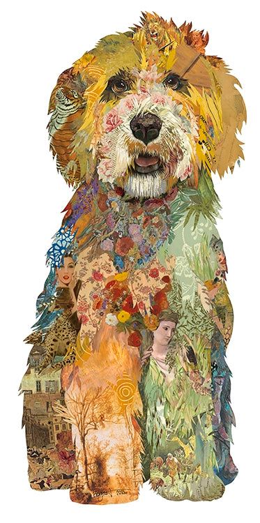 Art print of a Golden Doodle Quirky Dog Illustration, Collage And Mixed Media, Paper Collage Art Ideas Easy, Stylized Art Style, Fabric Collage Tutorial, Poodle Drawings, Christmas Collage Art, Christmas Art Illustration, Drawings Of Dogs