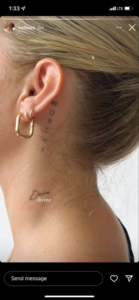 Word Tattoo Behind Ear, Dainty Behind The Ear Tattoo, Dainty Ear Tattoos, Behind Ear Tats, Rare Tattoos, Cute Tats, Awesome Tattoos, Small Tattoo Designs, Tat Ideas