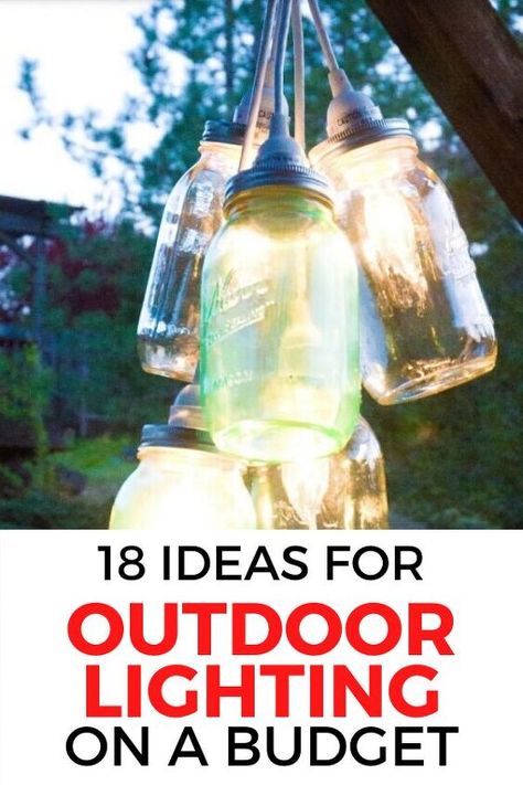 Enjoy the cool summer nights with these 18 ideas for cheap outdoor lighting projects. Here you'll find hanging, low voltage and mason jar lighting DIY ideas for your deck and garden so check it out. #diy #outdoorlighting #masonjar Lighting Diy Ideas, Hanging Mason Jar Lights, Mason Jar Solar Lights, Diy Mason Jar Lights, Lighting Hacks, Mason Jar Lights, Outdoor Lighting Ideas, Diy Outdoor Lighting, Lighting Diy