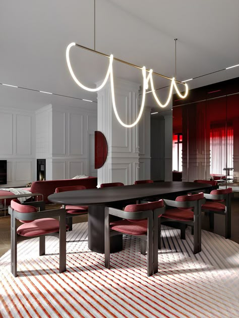 Dining Room Pendants, Red Dining Table, Red Accents Living Room, Neo Classic Design, Wall Elements, Red Dining Chairs, Tattoo Modern, Dining Room Trends, Red Dining Room