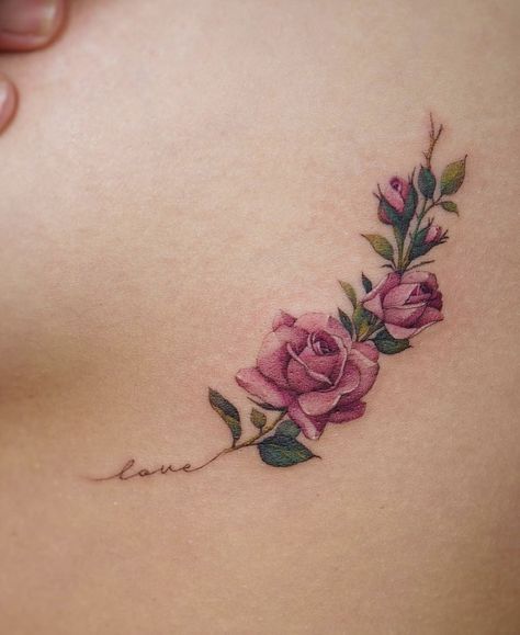 90 Tattoo, Rose Tattoo On Hip, Rose Vine Tattoos, Rose Tattoo With Name, Watercolor Rose Tattoos, Realistic Rose Tattoo, Pink Rose Tattoos, Flower Tattoo Ideas, Rose Tattoos For Women