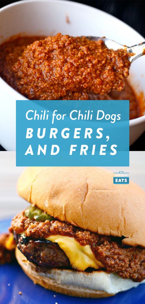 Chili For Burgers, Chili For Chili Dogs, Chili Fries Recipe, Burger Lab, Chili Burgers, Chili Dog Chili Recipe, Chili Burger, Chili Fries, The Best Chili