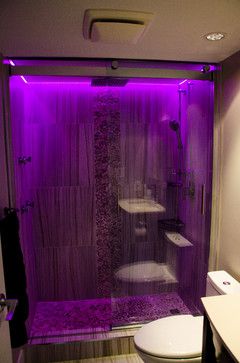 Dark Purple Bathroom, Purple Bathroom Decor, Purple Bathroom, Shower Lighting, Purple Bathrooms, Purple Rooms, Hal Decor, Purple Home, Room Goals