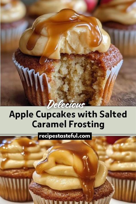 These Apple Cupcakes with Salted Caramel Frosting feature a soft, spiced apple cake topped with creamy, rich caramel frosting infused with a touch of sea salt. The perfect combination of warm apple flavor and sweet, salty caramel makes these cupcakes a delightful treat for any occasion. Caramel Frosting Recipe, Apple Spice Cupcakes, Spiced Apple Cake, Muffin Cups Recipes, Salted Caramel Recipes, Salted Caramel Frosting, Salty Caramel, Salted Caramel Cupcakes, Apple Cupcakes