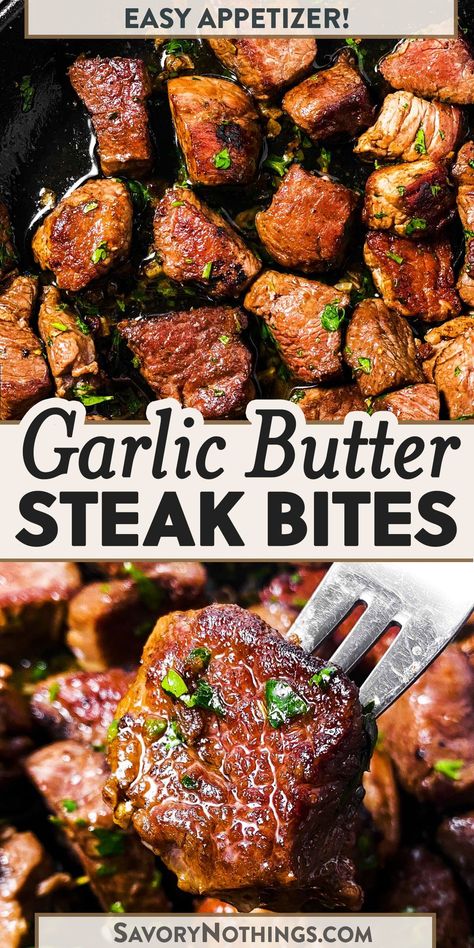 These Garlic Butter Steak Bites are quick and easy to make – and they vanish fast! Serve them as finger food on appetizer night, as part of your game day spread or as part of a fun family dinner date. | #dinnerdate #steakbites #appetizer Butter Steak Bites Recipe, Appetizer Night, Garlic Butter Steak Bites, Butter Steak Bites, Steak Dinner Recipes, Steak Bites Recipe, Baked Steak, Venison Steak, Butter Steak