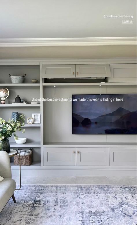 Entertainment Tv Wall, Tv Built In Between Windows, Floor To Ceiling Tv Unit, Beige Walls With Grey Furniture, Tv Builtins Wall Units Modern, Built In Media Wall Living Room, Media Wall Cabinet, Tv Built In Wall Unit Bookshelves, Cottage Media Wall