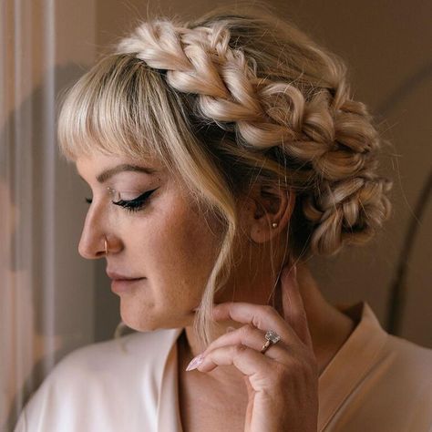 Fringe benefits for every hair type and style. Braid Updo With Bangs, Crown Braid With Bangs, Brides With Bangs, Medium Hair Styles With Bangs, Braid Around Head, Ways To Style Your Bangs, Wedding Hairstyles With Bangs, Medium Hair With Bangs, Stylish Bangs