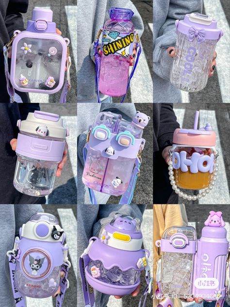 Cute Aesthetic Bottle, Water Bottle Cute Aesthetic, Aesthetic Water Bottle Korean, Purple Water Bottle Aesthetic, Summer Fashion Dresses Casual, Kawaii Water Bottle With Straw, Fancy Water Bottles, Bear Water Bottle Kawaii Sheiin, Fancy Water