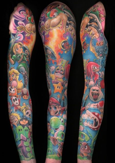 Nintendo character tattoo Super Mario Tattoo, Games Tattoo, Nintendo Tattoo, Video Game Tattoos, Mario Tattoo, Gamer Tattoos, Colorful Tattoos, Video Game Tattoo, Comic Tattoo