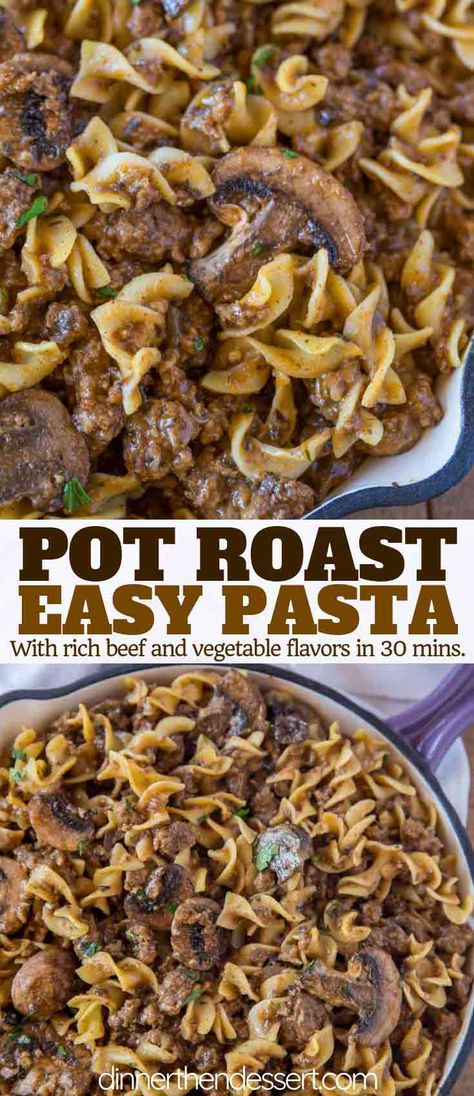 Ground Pot Roast Pasta is an EASY dinner made with ground beef, mushrooms, savory gravy, and egg noodles, ready in only 25 minutes! Pasta Recipes Beef, Pot Roast Pasta, Roast Pasta, Ground Beef Mushrooms, Leftover Roast Beef Recipes, Leftover Pot Roast, Dinner Pasta, Meat Recipes For Dinner, Savory Dinner