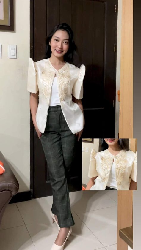 Modern Filipiniana Bolero, Modern Filipiniana Outfit Classy Pants, Filipino Attire, Filipino Costume, Filipiniana Fashion, Filipiniana Top, Scripture Tea, Modern Filipiniana Dress, Sunday Top