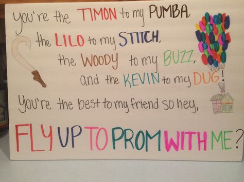 Disney best friend Promposal! •Up, The Lion King, Lilo & Stitch, Moana, and Toy Story. Best Friend Promposal, Friend Promposal, Cute Promposals, Prom Pictures Group, Prom Posters, Cute Homecoming Proposals, Cute Prom Proposals, Asking To Prom, Homecoming Posters