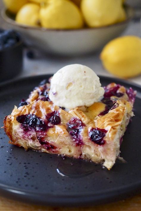 Lemon and Blueberry Lemonopita — Antoniou Fillo Pastry Crinkle Recipe, Pastry Folding, Pastry Dessert Recipes, Greek Cakes, Filo Pastry Dessert, Blueberry Turnovers, Crinkles Recipe, Greek Dessert, Filo Dough