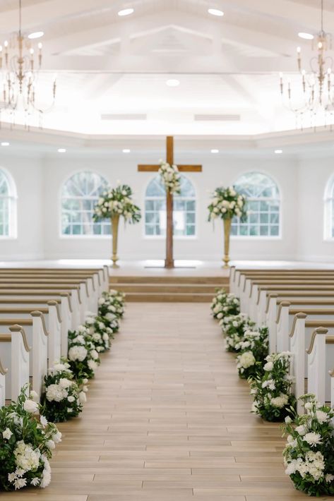 Harborside Chapel - Marry Me Tampa Bay | Most Trusted Wedding Vendor Search And Real Wedding Inspiration Site Chapel Ceremony Decor, Fall Chapel Wedding, Southern Church Wedding, Small Church Wedding Ideas, Church Wedding Decorations Elegant, Open Air Chapel Wedding, Classy Southern Wedding, Small Wedding Chapel, Simple Southern Wedding