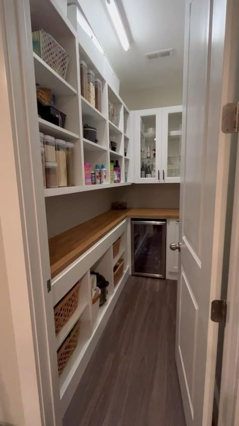 Morning Kitchen Pantry, 5x9 Pantry Layout, Walk In Pantry With Mini Fridge, Rectangle Pantry Ideas, 6x8 Pantry, Small Walk In Pantry With Countertop, Long Narrow Pantry Ideas, Long Pantry Ideas, Pantry Wall Shelving Ideas