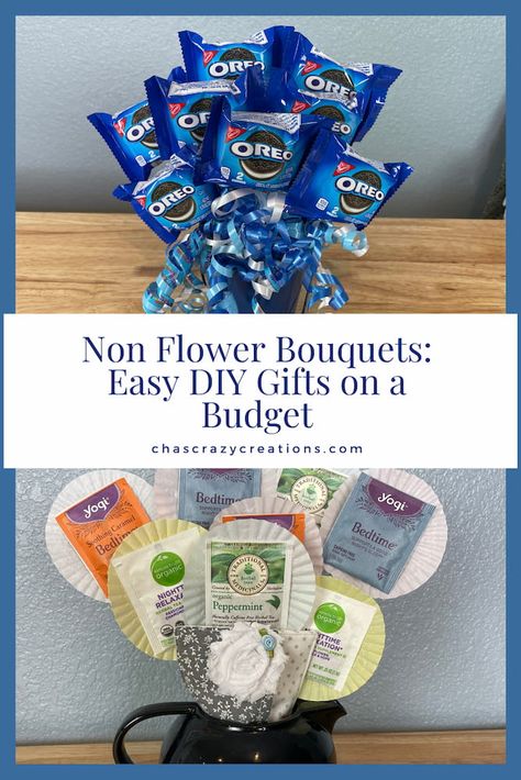 Are you looking for non flower bouquets? Here are several easy, fun, and adjustable options you can create for any occasion on a budget. Homemade Candy Bouquet, Flowers Made From Candy, Oreo Bouquet Diy, Flower Bouquet Alternative, Non Flower Bouquets Gifts, Diy Food Bouquet, Candy Flower Bouquet Gift Ideas, Kid Bouquet Ideas, Dance Bouquet Ideas