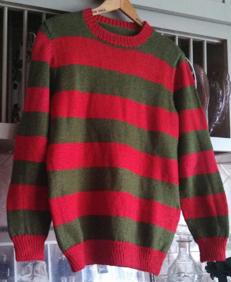 Freddy Krueger sweater is for my Granddaughter Holly though I can't imagine the attraction to him. It was difficult as I could not find a pattern so I had to make one up. Horror Clothes Aesthetic, Crochet Freddy Krueger Sweater, Freddy Krueger Fantasia, Freddy Krueger Outfit, Freddy Krueger Aesthetic, Freddy Krueger Crochet, Fantasia Freddy Krueger, Goth Jumper, Freddy Krueger Cosplay