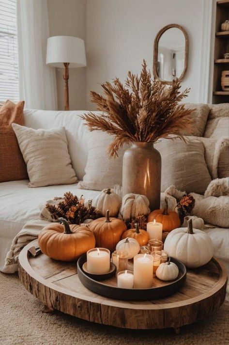 Pumpkin Spice Decorations, Windowsill Fall Decor, Amber Decor Inspiration, Fall Decor Ideas For Condo, Fall Home Decor Indoor, Classy Fall Decor Ideas For The Home, Minimal Fall Centerpieces, Fall Decor Ideas For The Home Neutral, Cozy Table Decor