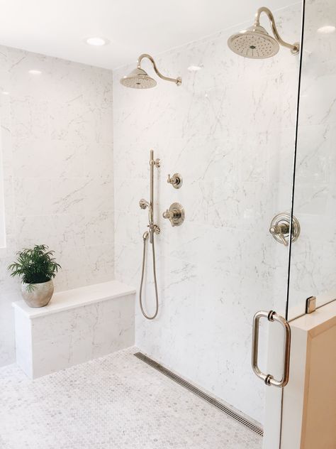 Double Shower And Bathtub, Double Shower Side By Side, Hand Shower Placement Bath, Wood And White Master Bath, Dual Head Shower Ideas, Pretty Master Bath, His And Her Shower Heads, Dual Shower Master Baths, Shower For Two People