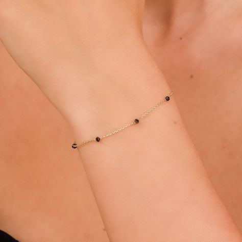 Black Diamond, Diamond Bracelet, 14K Diamond Bracelet, Diamond Beads, Present For Mom, Gift For Wife, 18K Yellow Gold, Rose Gold Bracelet, Gift For Her, Sarah Elise Jewelry Mangalsutra Bracelet Design, Black Beads Bracelet, Black Bead Bracelet, Mangalsutra Bracelet, Mahabaleshwar, Dainty Gold Chain, Black Diamond Bracelet, Station Bracelet, Solid Gold Bracelet