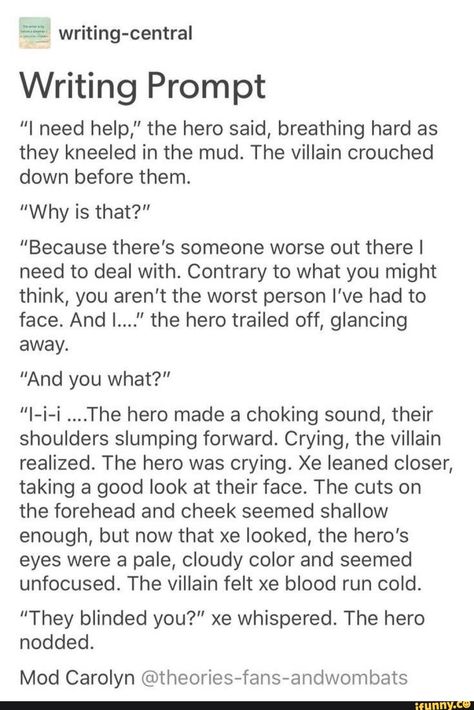 Found on iFunny Villain X Villain Prompts, Hero In Love With Villian, Hero Story Ideas, Hero And Villain Dialogue Prompts, Villainxhero Prompts, Villian Ideas Writing Prompts, Villain Story Ideas, How To Write A Protagonist, Hero And Villain Prompts