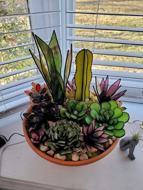 Stained Glass Art Community | A recent project. | Facebook Stained Glass Diy Tutorials, Glass Succulents, Stained Glass Project, Stained Glass Decor, Stained Glass Diy, Stained Glass Crafts, Weekly Ads, Art Community, Cactus And Succulents