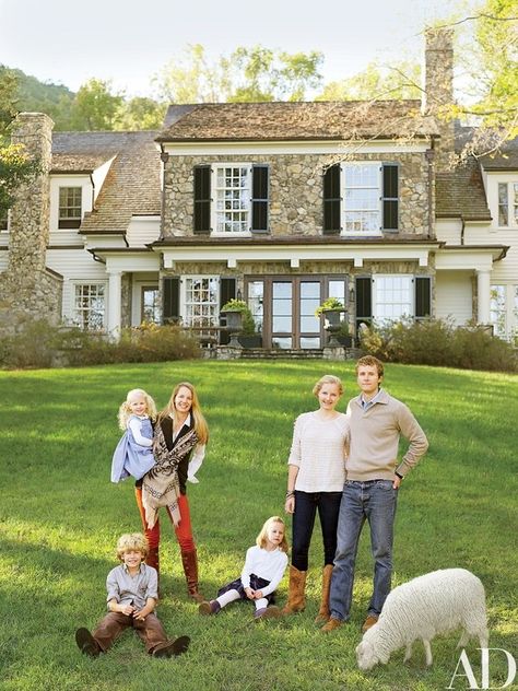 Sam and Mary Celeste Beall and their four children outside their home at Blackberry Farm, in Walland, Tennessee | archdigest.com Blackberry Farm Interiors, Blackberry Farm Design, Traditional Home Exterior, Blackberry Farm Tennessee, Tennessee Farmhouse, Forever Aesthetic, Blackberry Mountain, Traditional Exterior Homes, Mary Celeste