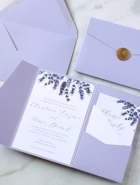 Romantic Lavender Wedding Invitation Ideas that Perfectly Celebrate Su – Clear Wedding Invites Lavender Invitation, Lavender Wedding Theme, Gold Wax Seal, Lavender Wedding Invitations, Rustic Sunflower Wedding, Pocket Envelopes, Sunflower Wedding Invitations, Elephant Baby Shower Invitations, Pocket Wedding Invitations