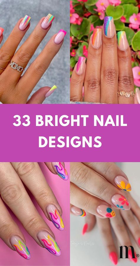 Explore 33+ bright nail designs ideas that are fun, short, cute, simple, neon, long, and summer neon. Pin this to your beauty board and visit the article for more styles! Short Nail French Tip Designs Color, Neon Accent Nails, Bright Colored Nail Ideas, Bright Nail Tips, Short Nail Summer Designs, Neon Summer Nails Designs, Beach Nails Neon, Simple Neon Nails, Neon Vacation Nails