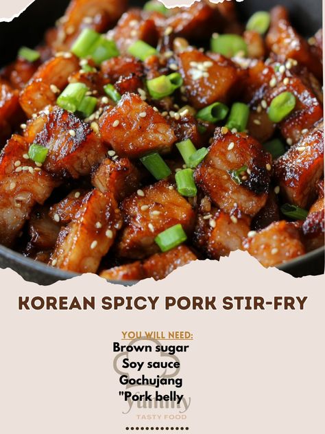 🍲 "Turn up the heat with Korean Spicy Pork Stir-Fry—a flavorful, spicy dish that’s sure to ignite your taste buds!" 🍲🔥 #KoreanCuisine #SpicyPork Korean Spicy Pork Stir-Fry Ingredients: Pork belly, sliced (1 lb) Gochujang (2 tbsp) Soy sauce (2 tbsp) Brown sugar (1 tbsp) Garlic, minced (2 cloves) Ginger, minced (1 tbsp) Green onions, chopped (2) Sesame oil (1 tbsp) Vegetable oil (2 tbsp) Red bell pepper, sliced (1) Onion, sliced (1) Instructions: Heat vegetable oil in a pan and cook pork be... Pork Belly Dishes, Korean Spicy Pork, Asian Pork Chops, Korean Pork, Stir Fry Ingredients, Asian Pork, Pork Belly Recipes, Pork Stir Fry, Spicy Dishes