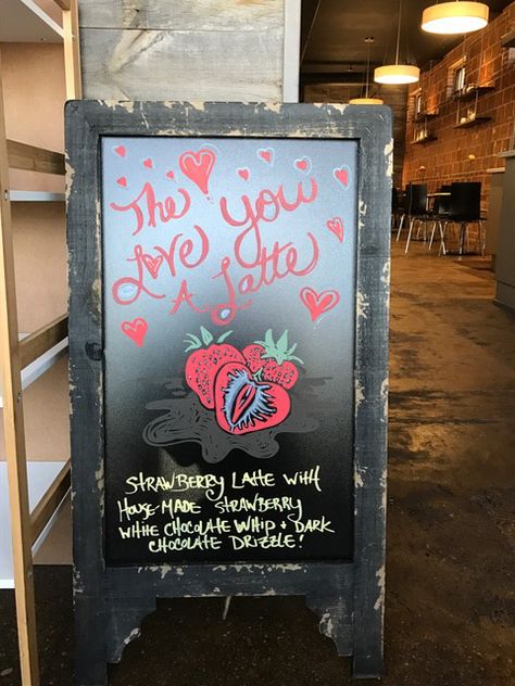 Valentines Coffee Shop Ideas, Valentine’s Day Latte Ideas, Coffee Shop Valentines Decor, Barista Ideas, Valentine Chalkboard Art, Deja Brew, Cafe Chalkboard, Coffee Chalkboard, Valentines Coffee