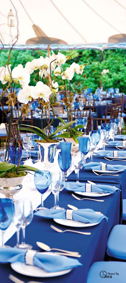 Tablescape & Reception Décor ● Cobalt Blue                                                                                                                                                      More Silver Wedding Table Settings, Wedding Table Settings Blue, Blue Place Settings, Blue And Silver Wedding, Cobalt Blue Weddings, Table Settings Wedding, Blue Table Settings, Cobalt Wedding, Blue Centerpieces