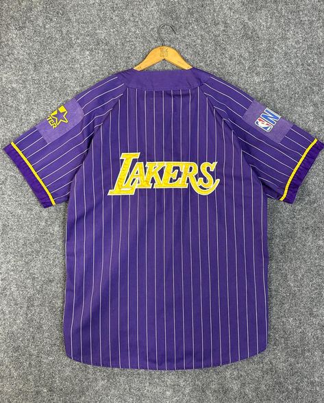 Vintage Starter NBA Los Angeles Lakers purple and yellow striped button up basketball jersey, made in Macau. Size large. Purple And Yellow, Nba Jersey, Nba Basketball, Yellow Stripes, Kobe Bryant, Basketball Jersey, Los Angeles Lakers, Macau, Nba