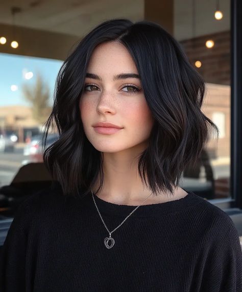 Short Black Hair Outfits, Avery Woods Hair, Black Hair Brown Eyes Girl, Short Jet Black Hair, Black Medium Length Hair, Dark Feminine Energy Aesthetic, Dance Hair Styles, Brown Shoulder Length Hair, Shoulder Length Black Hair