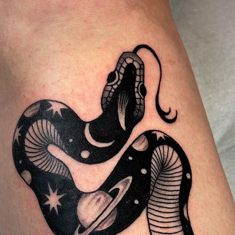 Space Snake Tattoo, Galaxy Snake Tattoo, Celestial Snake Tattoo, Collar Bone Tattoo Female, Tattoo Designs Snake, Two Headed Snake Tattoo, Crystal Ball Tattoo, Celestial Tattoos, Celestial Snake