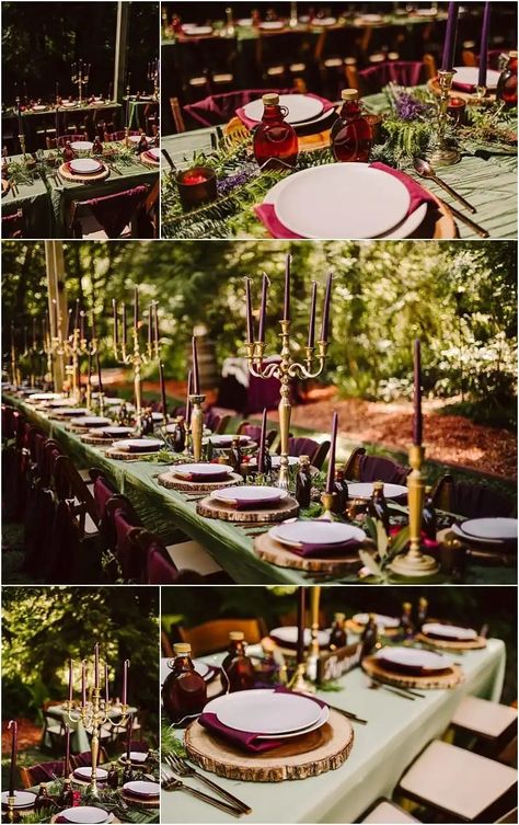 Midevil Wedding Theme Ideas, Lotr Wedding Colors, Viking Wedding Table Centerpieces, Viking Wedding Ideas Table Settings, Shire Wedding Theme, Tolkien Wedding Decor, Lotr Wedding Table, Middle Earth Wedding Table Decor, Lotr Home Decor