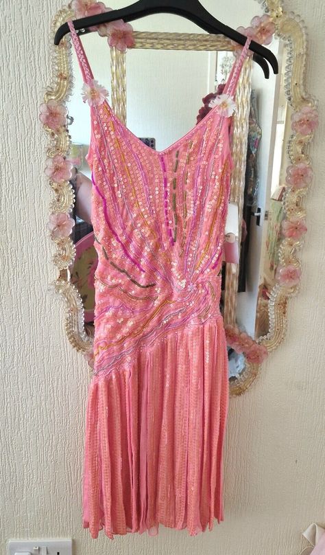 vintage Y2K Silk crystal sequin beaded pink coral rainbow dress ooak handmade xs Reworked Dress, Vintage Pink Dress, Dresses Boho, Dresses Aesthetic, Boho Handmade, Rainbow Dress, Y2k Pink, Pink Coral, Sequin Beading