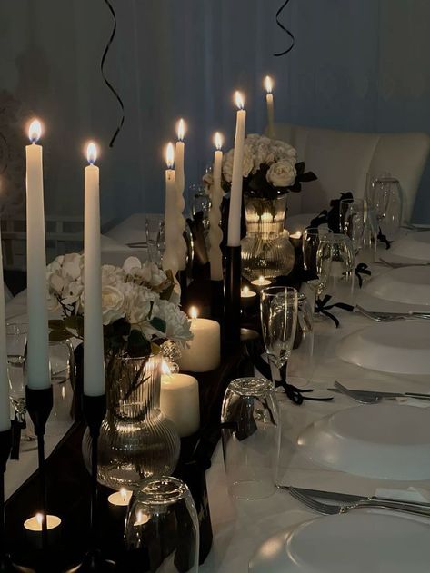 Black Decor Birthday Party, Black 25th Birthday Party Ideas, Rip To My 20s Table Decor, Black Birthday Dinner Decor, Black Elegant Birthday Party, Black Tie Dinner Party Aesthetic, All Black Birthday Dinner Decorations, Black Tie Birthday Dinner, Classy 25th Birthday Ideas