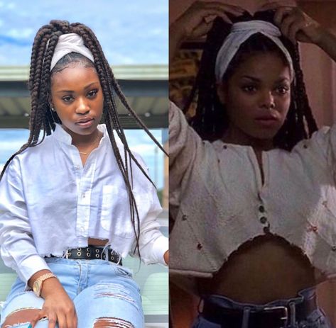 Box braids Halloween Costume With Box Braids, 90s Braid Styles, Braids 90s Style, 90s Box Braids, Braids Halloween Costume, Braids 90s, Janet Jackson Poetic Justice, 2000 Hair, 90s Party Ideas