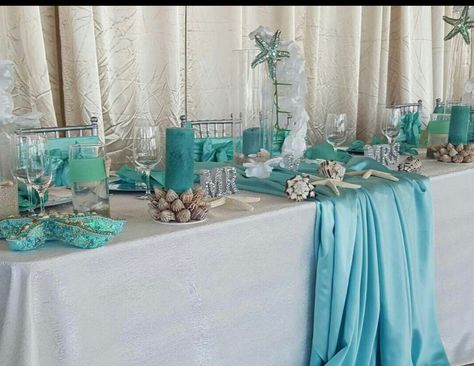 Elegant Beach Party Decorations, Beach Sweetheart Table, Beach Theme Centerpieces, Ocean Wedding Theme, Beach Centerpieces, Beach Wedding Tables, Beach Themed Wedding, Beach Wedding Centerpieces, Dream Beach Wedding