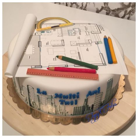 This cake was made for an architect!… The project plan is edible print on fondant. Pencils are manually modeled from fondant. Architect Cake Ideas, Cake Ideas Minimalist, Architecture Birthday, Architect Cake, Architecture Cake, Building Cake, Frozen Birthday Party Cake, Sugar Dough, Unique Birthday Cakes